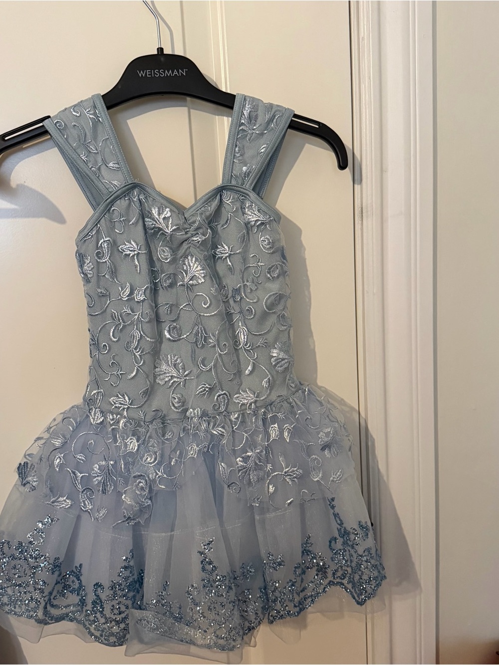 Weissman Pale Blue Embroidered Tulle Party Dress